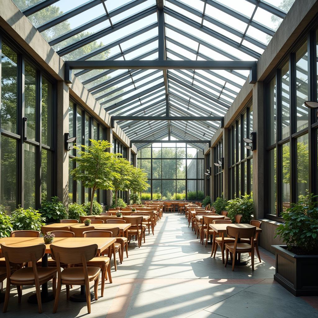 Mẫu mái hiên kính cường lực cho quán cafe, thiết kế mái vòm tạo không gian thoáng đãng, tận dụng ánh sáng tự nhiên